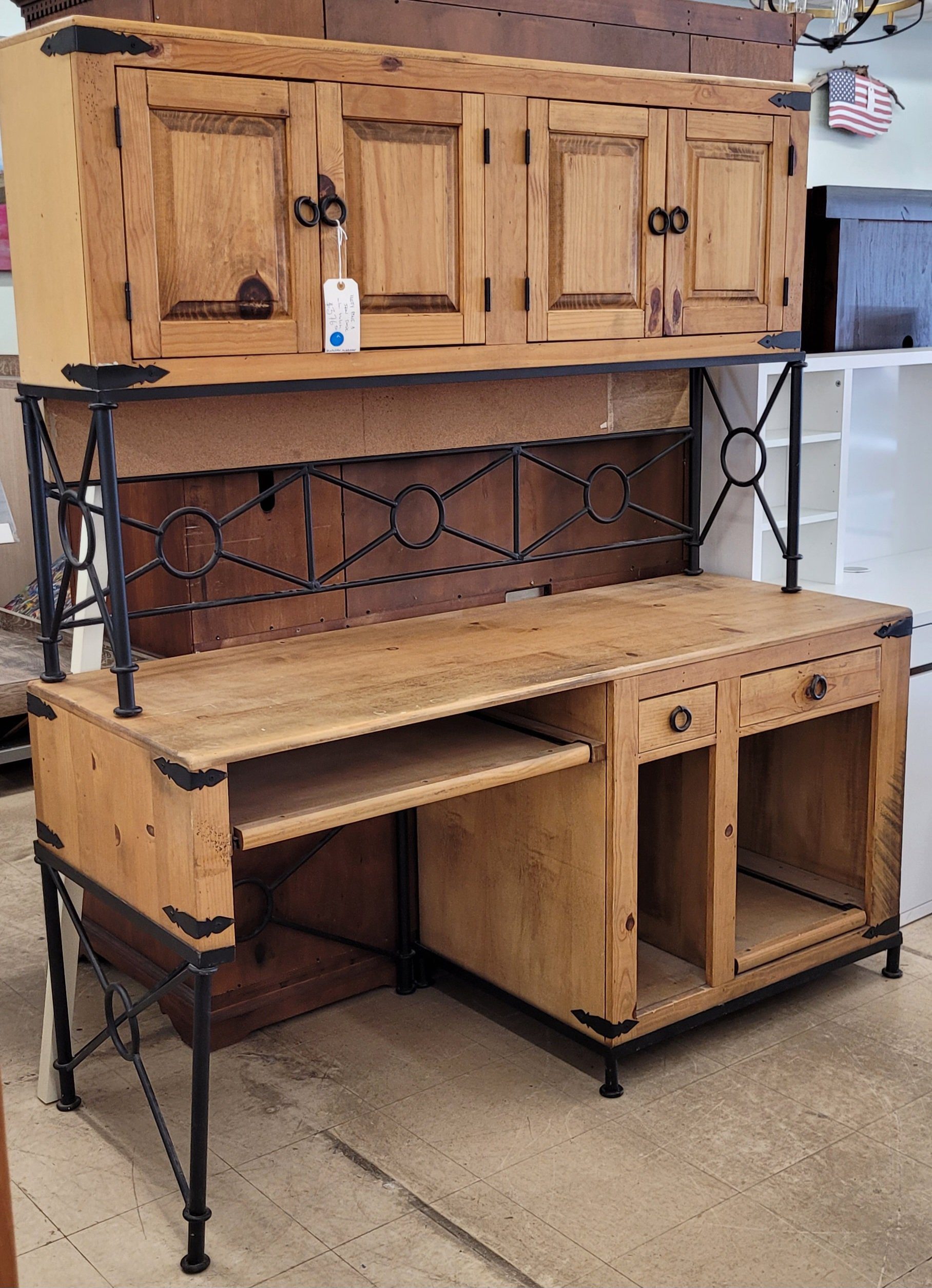 Knotty Pine &Amp; Iron Desk W/Hutch - Image 2 Knotty Pine &Amp; Iron Desk W/Hutch - Image 2