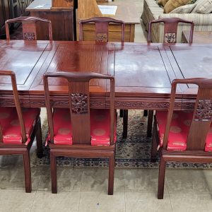 Zentastic Carved Rosewood Table w/2 Leaves & 8 Chairs